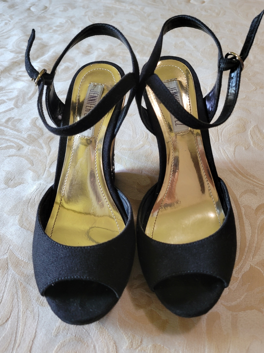 Jennifer Lopez Black Open-Toe Ankle Strap Heels with Gold Insole Details....